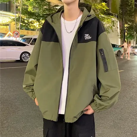 美式冲锋夹克男春秋季薄款连帽登山衣服外套潮牌宽松工装拉链开衫商品大图