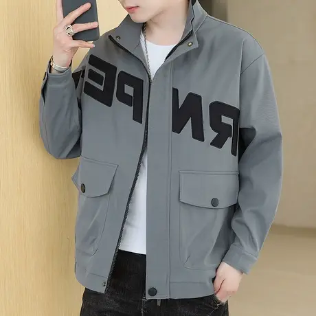 立领夹克男士2022春秋季时尚休闲青年刺绣潮流工装外套上衣服男装商品大图