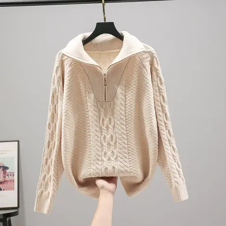 2023韩版宽松春装新款纯色长袖针织衫拉链套头麻花毛衣女上衣内搭商品大图