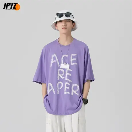 2023夏季新款短袖T恤印花简约圆领情侣款上衣港风帅气男装体恤衫图片