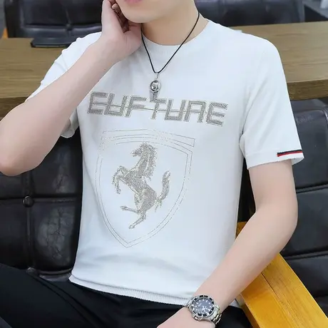 2023夏季新款潮牌时尚短袖t恤男韩版修身圆领字母刺绣丝光棉半袖商品大图