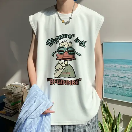 纯棉t恤男夏季新款美式休闲宽松运动坎肩青少年卡通印花无袖背心商品大图
