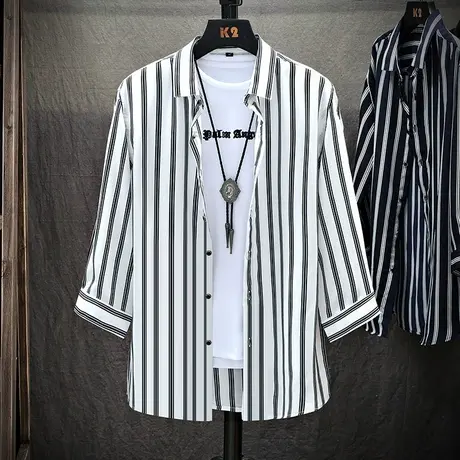 竖条纹冰丝衬衫男中袖7七分袖短袖2025夏季新款5五分韩版潮流衬衣商品大图