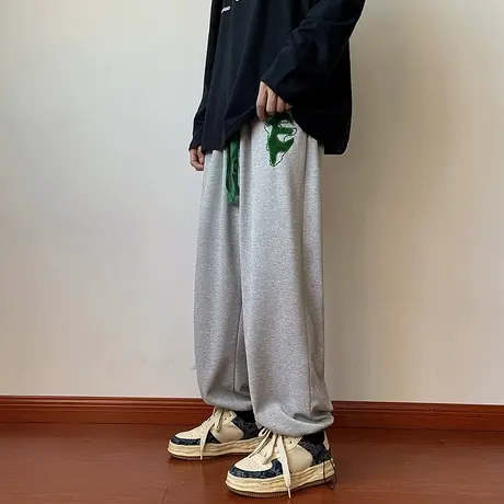 垂坠感宽松直筒休闲卫裤男春季ins港风百搭刺绣字母阔腿运动裤子商品大图