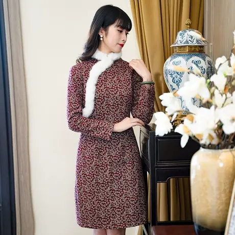 筠雅旗袍冬款加厚年轻款少女矮个子中长款红色改良毛领汉服连衣裙图片