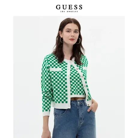 GUESS女撞色格纹小香风针织开衫两件套-W2PP69R2Q41商品大图