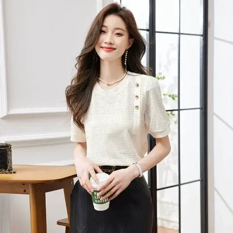 时尚气质淑女温柔短袖T恤2023年夏季新款甜美圆领宽松显瘦上衣商品大图