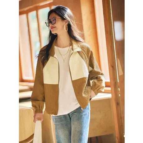 时尚撞色拼接短外套2023年秋季新款女士休闲宽松显瘦通勤百搭上衣图片