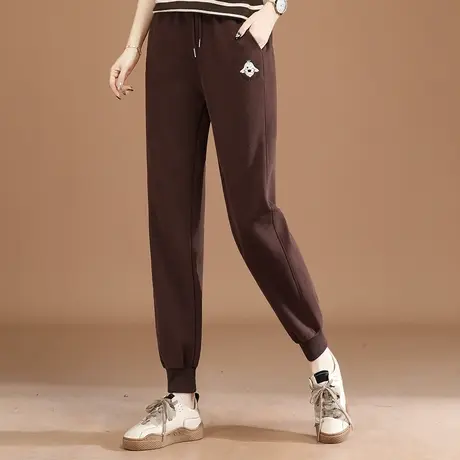 韩潮袭人松紧高腰刺绣运动裤咖色卫裤2024春季新款宽松束脚休闲裤商品大图