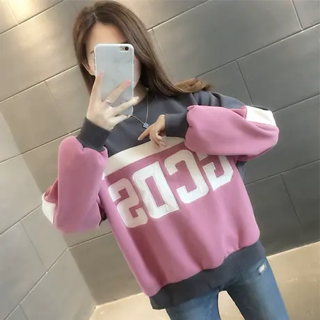 2023新款时尚拼色ins超火加绒加厚卫衣女秋冬百搭复古港味上衣潮商品大图