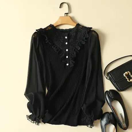 清仓！春装2024年新款雪纺袖冰丝针织衫女长洋气蕾丝打底衫女图片