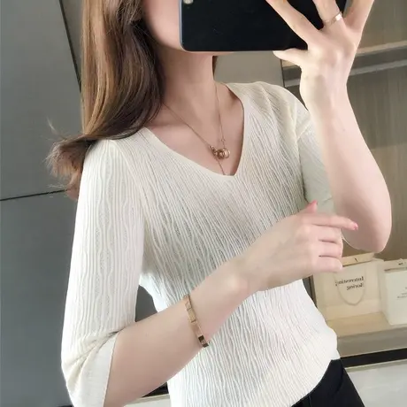 春夏季新款女士短袖针织衫t恤上衣外穿V领修身内搭薄款打底衫商品大图