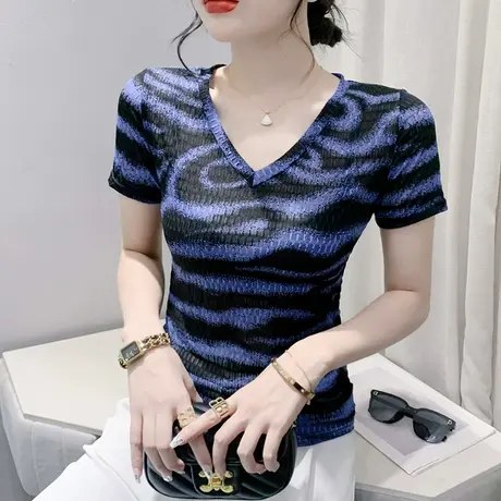 性感V领网纱短袖上衣女2024夏季新款斑马纹T恤修身百搭洋气小衫潮图片