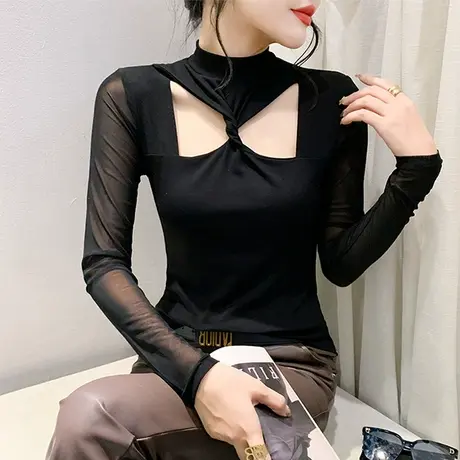 秋冬新款镂空T恤女长袖性感扭结褶皱网纱上衣洋气修身减龄打底衫商品大图