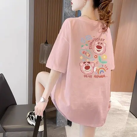 粉色多巴胺卡通短袖T恤女中长款2023夏新款时尚宽松纯棉半袖上衣商品大图