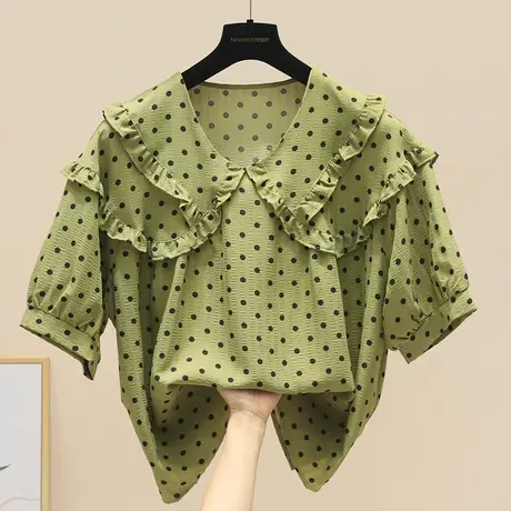2023年夏新款法式宽松泡泡袖短袖衬衣波点衬衫女设计感娃娃领上衣商品大图