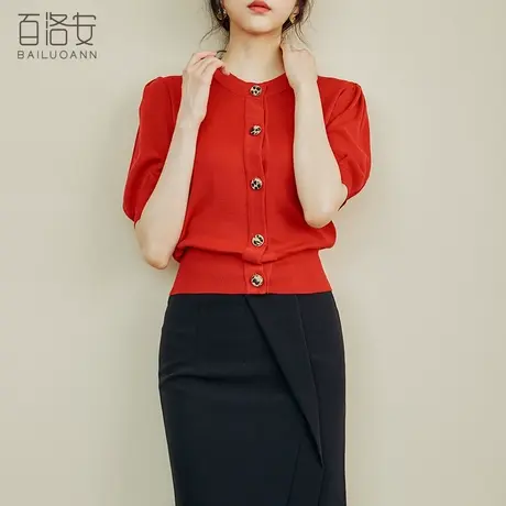 百洛安圆领针织衫开衫女夏季新款韩范百搭泡泡袖短款上衣小外搭商品大图