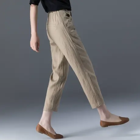 卡其色亚麻女裤夏季薄款大码休闲棉麻裤女宽松哈伦裤九分萝卜裤子商品大图