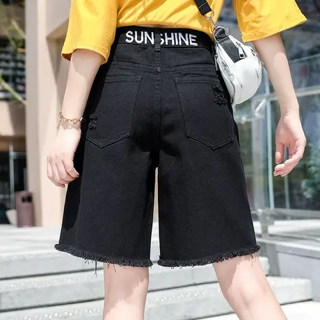 黑色破洞牛仔短裤女夏季2024新款高腰五分裤女夏薄款a字中裤5分裤商品大图