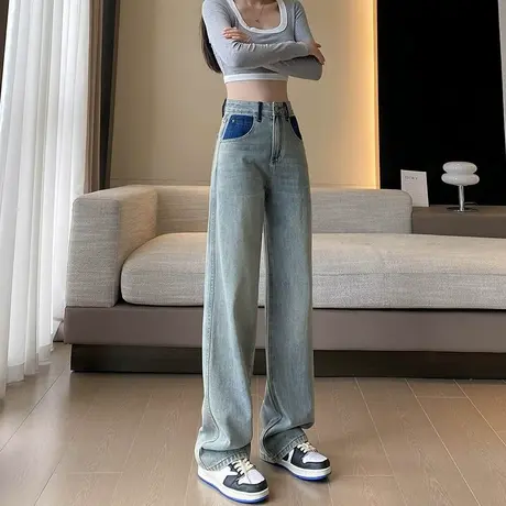 复古阔腿裤牛仔裤女春秋2024年新款高腰显瘦垂感宽松拖地直筒裤子商品大图