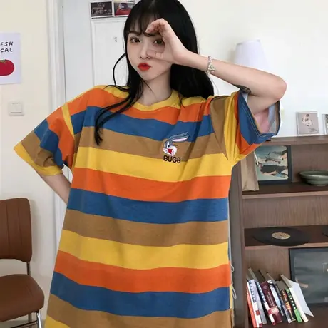 网红条纹大版短袖t恤女2020宽松韩版原宿bf慵懒风ins超火上衣服潮商品大图