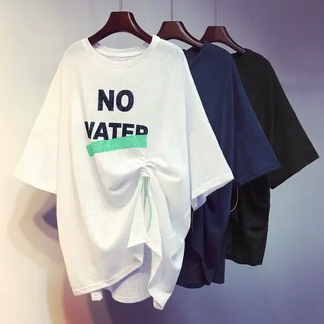 短袖t恤女ins潮2020夏季新款韩版宽松中长款小众设计感抽绳上衣服商品大图