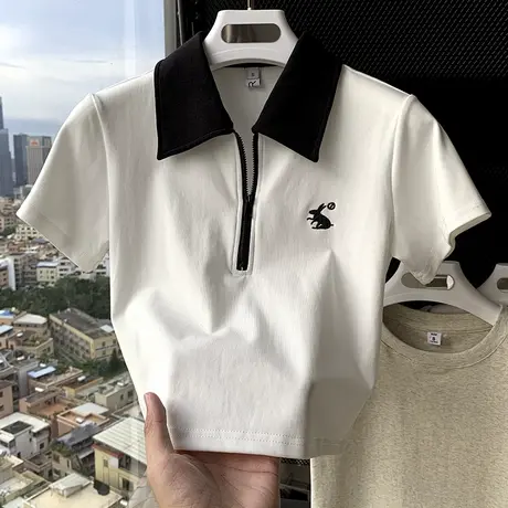 甜辣妹小众刺绣polo衫女修身显瘦短款翻领上衣夏ins设计感短袖T恤图片