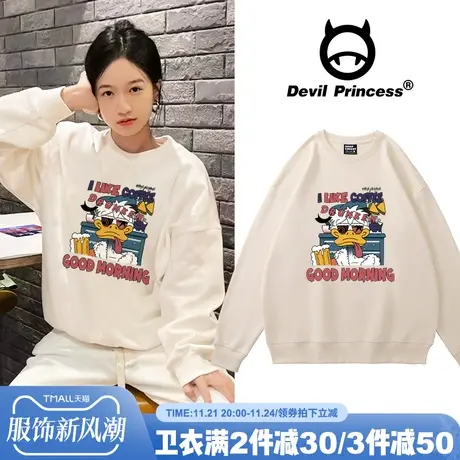 美式复古卡通潮牌杏色卫衣女ulzzang小众设计感学院风加绒款上衣商品大图