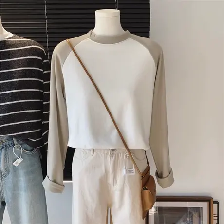 双面德绒磨毛拼色长袖T恤女秋冬季加绒加厚保暖宽松插肩袖上衣服商品大图