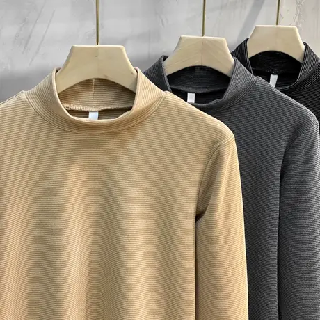 德绒打底衫男长袖春秋季细条纹内搭中领男装上衣服男士半高领t恤商品大图