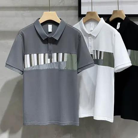 几何条纹拼接夏季薄款冰丝光棉珠地polo衫男短袖修身翻领t恤男士商品大图