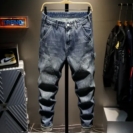 夏季款潮牌牛仔裤男直筒宽松男士长裤子男百搭日系复古做旧拼接款商品大图