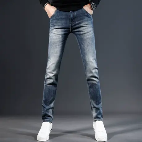 欧美高端牛仔裤男2023新款秋冬蓝色弹力修身小脚男士休闲潮流裤子商品大图