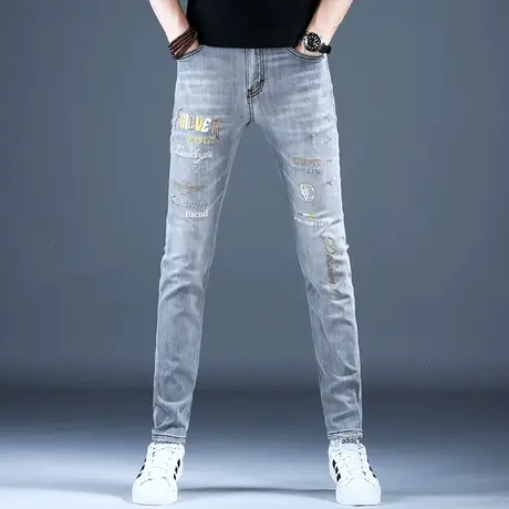 2023男士秋冬潮流牛仔裤子简约灰色精致刺绣修身百搭小脚裤潮牌男商品大图