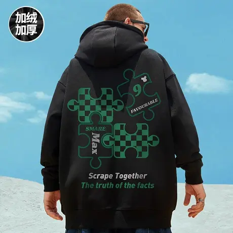 oversize潮牌美式宽松加肥加大码男装连帽加绒加厚卫衣男秋冬季潮图片