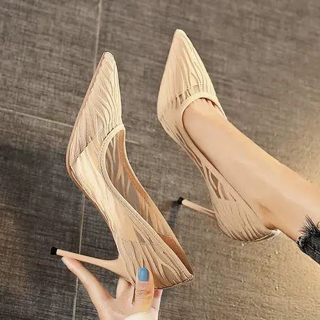 法式高跟鞋2024新款春季性感名媛宴会百搭网纱细跟职业尖头单鞋女图片