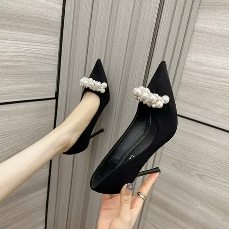 性感黑色高跟鞋女细跟2024年春季新款设计感小众尖头珍珠职业单鞋商品大图