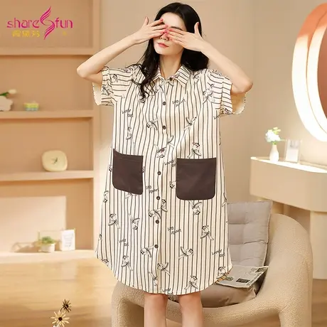 sharefun/霞黛芳【100%棉条纹开衫睡裙】短袖夏睡衣宽松家居服女图片