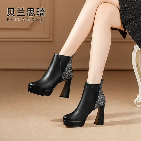 真皮圆头拼接厚底粗跟短靴女2023秋冬季新款防水台高跟及踝马丁靴图片