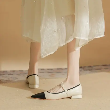小香风单鞋女2024年新款拼色软皮平底单鞋一字扣法式高跟鞋配裙子商品大图