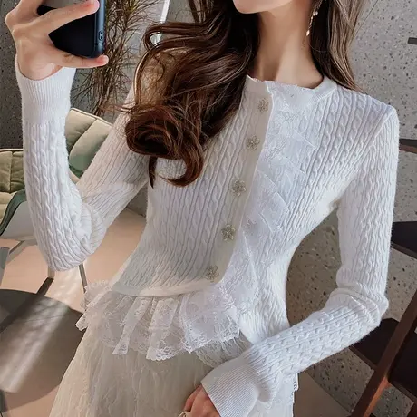 粉红大布娃娃蕾丝拼接修身针织开衫2022春新款甜美白色针织衫外套商品大图