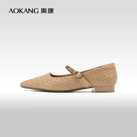 奥康女鞋秋季新款尖头气质浅口单鞋编织鞋面玛丽珍百搭小皮鞋图片