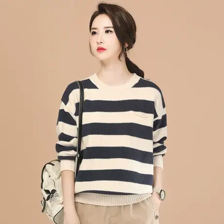 新品88折】圆领条纹毛衣女2023冬季新款宽松休闲针织打底衫加厚商品大图