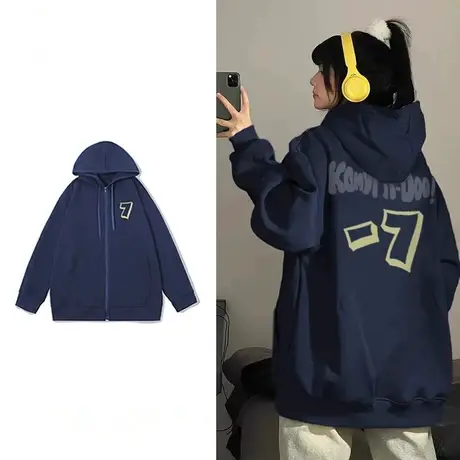 美式复古卫衣女2023新款秋冬上衣宽松慵懒风连帽加绒加厚开衫外套商品大图