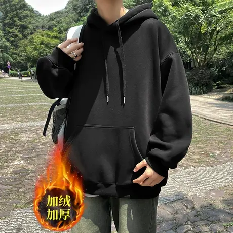 连帽卫衣男秋冬季美式潮牌重磅外套男生宽松加绒2023新款黑色长袖商品大图