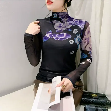 性感网纱印花秋冬2024新款T恤女洋气减龄内塔上衣修身长袖打底衫商品大图