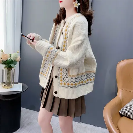 高级感民族风提花毛衣开衫女秋冬2023年新款加厚洋气减龄针织外套商品大图