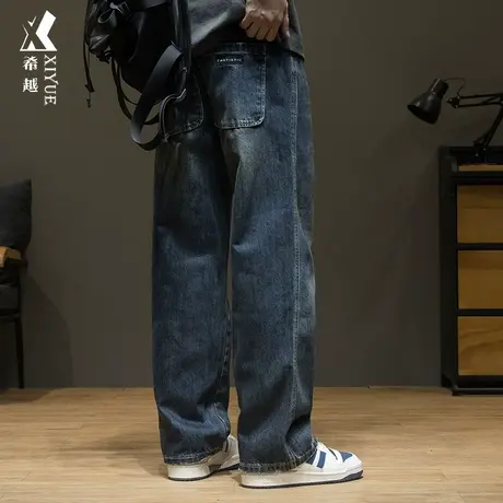 希越美式复古直筒牛仔裤春季男士宽松大码特大码加绒加厚休闲长裤商品大图