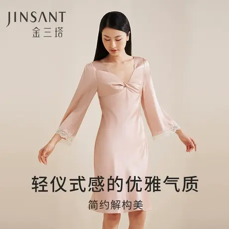 金三塔真丝睡裙女100%桑蚕丝扭结设计蕾丝袖口优雅宽松长袖家居服商品大图