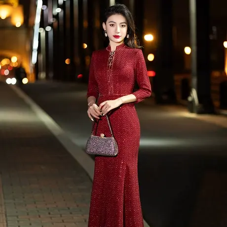 高端晚礼服女奢华大牌妈妈喜服婚礼高贵秋冬款喜婆婆婚宴装鱼尾裙图片